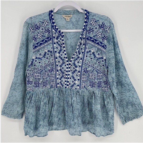 Lucky Brand Blue Embroidered Babydoll Top Boho Peasant Tunic XL - Picture 2 of 8
